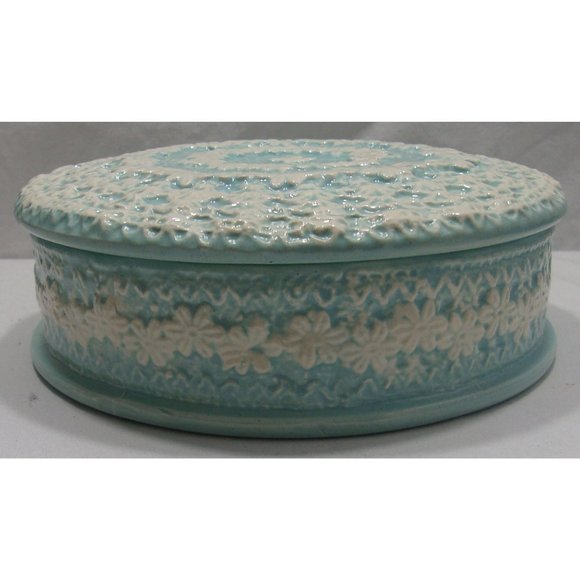 Lidded Turquoise Glazed Ceramic Catch-All Jewelry/Trinket Dish Box 7" - Picture 2 of 9